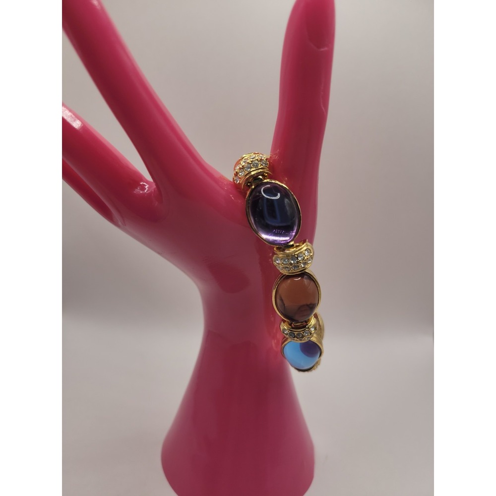 Gold Tone Multicolor Oval Cabochon Clear Rhinestone Link Bracelet Statement